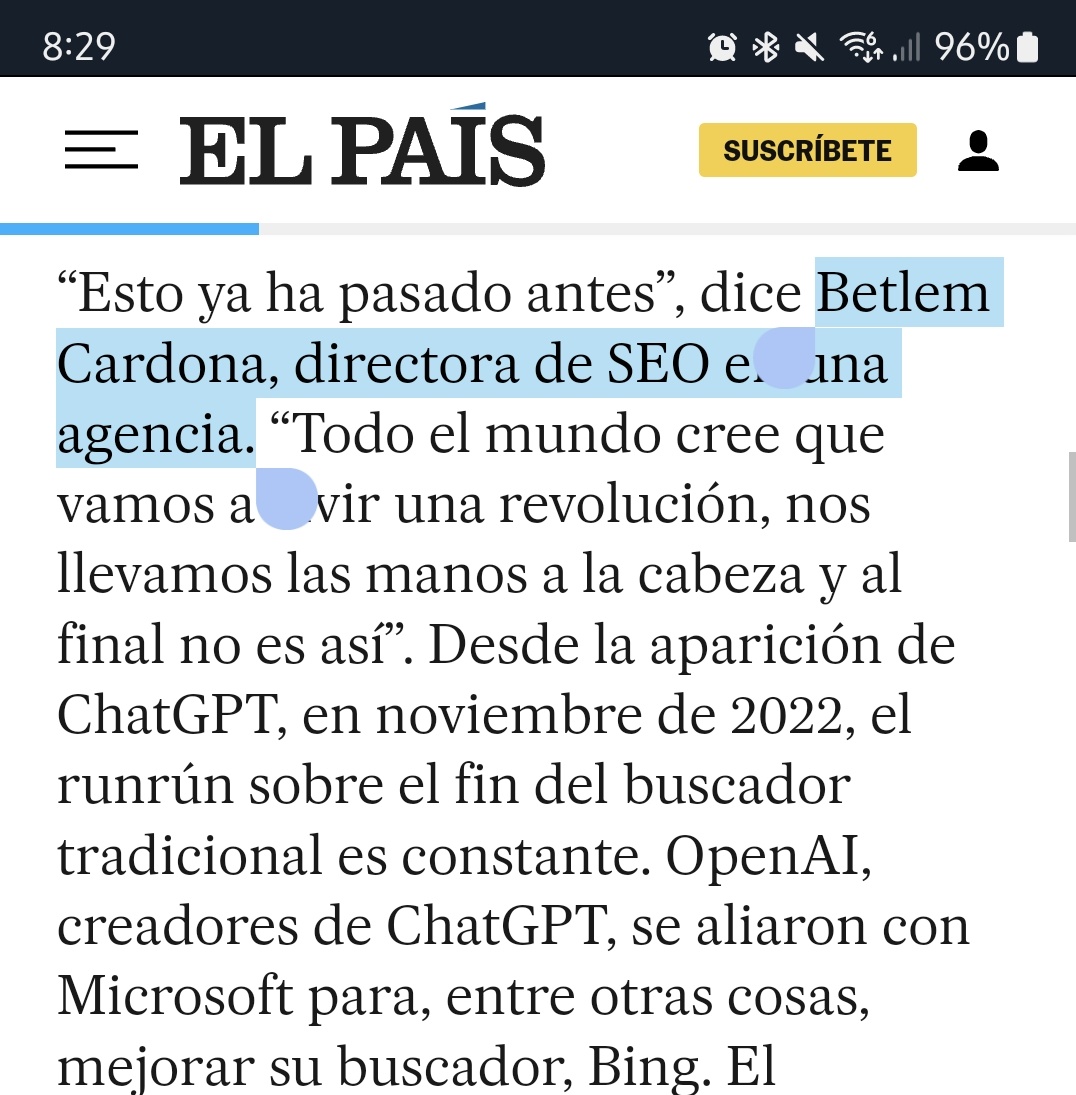 Betlem_'s tweet photo. ¡¡ Mamá, mamá, salgo en El País !!
@jordipc nos pidió nuestra opinión a @davidcarrascop, @seostratega y a mí (entre otros) sobre el nuevo paradigma que supone la llegada de la #InteligenciaArtificial y Google. ¡Todo un honor! 🤩
La noticia: https://t.co/73tWpaujud https://t.co/Pzgn677UmV