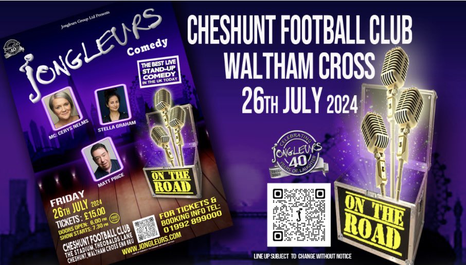 Jongleurs Comedy Club @cheshuntfc July 26th. 3 of the UK’s finest #comedians plus a “one to watch” all for £15 a ticket. Early bird discount available if you use the code FC24 when purchasing your tickets. #cheshuntfc