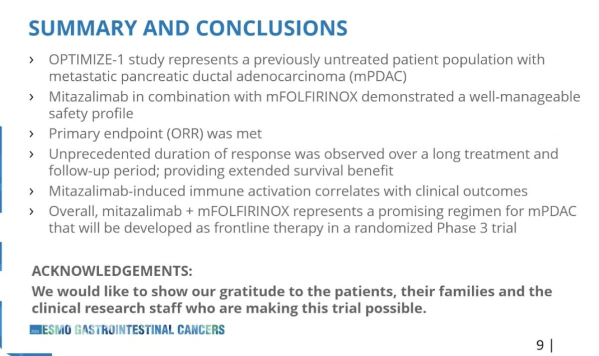 Arndt Vogel (@arndtvogel) on Twitter photo CD40 agonist mitazalimab with mFOLFIRINOX in mPDAC #ESMOGI24
🔎OPTIMIZE-1 phase Ib/II study
✅study: ORR 42%, mDoR: 12.6 mo
👉mPFS: 7.7 mo, mOS: 14.9 mo
🧐promising data, phs-3 on the way..
#ESMOAmbassadors <a href="/myESMO/">ESMO - Eur. Oncology</a> CD40 agonist mitazalimab with mFOLFIRINOX in mPDAC #ESMOGI24
🔎OPTIMIZE-1 phase Ib/II study
✅study: ORR 42%, mDoR: 12.6 mo
👉mPFS: 7.7 mo, mOS: 14.9 mo
🧐promising data, phs-3 on the way..
#ESMOAmbassadors <a href="/myESMO/">ESMO - Eur. Oncology</a>