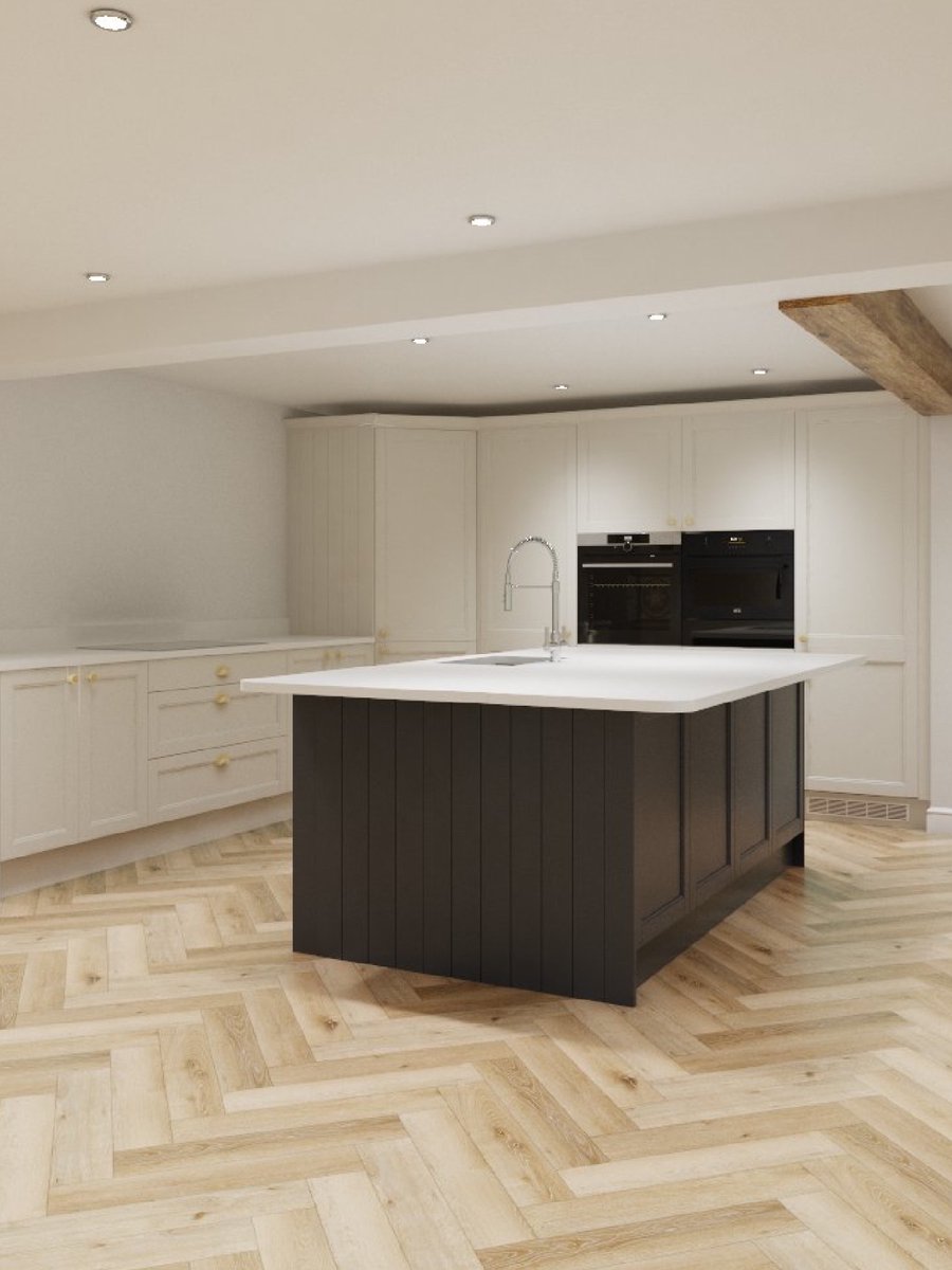 Take a look at the #Wrenovation journey of IG:no1_thebarn's kitchen, transforming from render to reality👇

🏡 Infinity Henley Timber in Moon White &amp; Regent Blue Grain

#WrenKitchens #KitchenDesign #KitchenTransformation