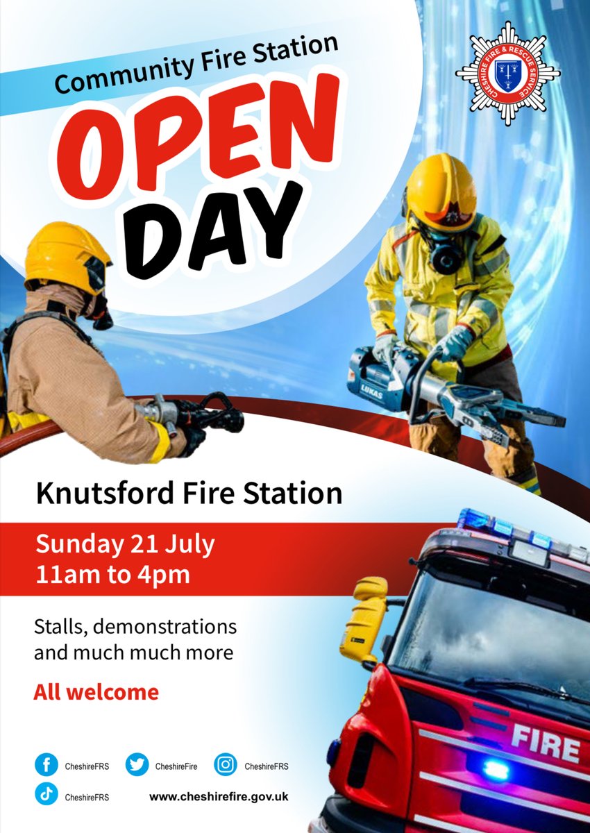 📣 Knutsford Fire Station Open Day! 📣

Not long to go now! 😬🤗

📍 Knutsford Fire Station, Mobberley Road, Knutsford, WA16 8EX

🗓️ Sunday 21st July 2024

⏰ 11am-4pm

Meet your local Firefighters, see fire vehicles, watch rescue demos and learn about fire safety! 🔥