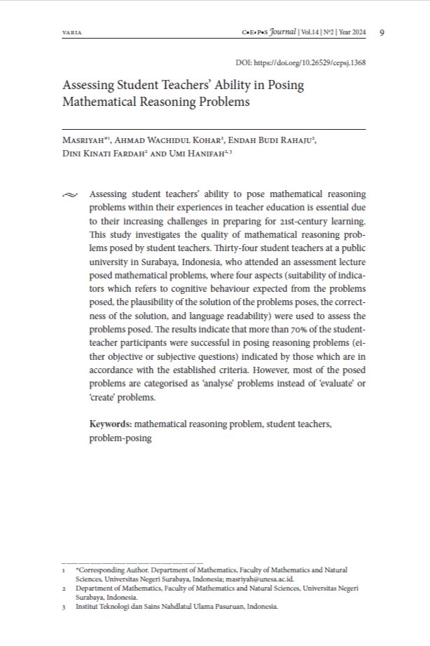 CepsJournal's tweet image. &quot;Check out the article, titled &quot;Assessing Student Teachers’ Ability in Posing Mathematical Reasoning Problems&quot; , by Masriyah, Ahmad Wachidul Kohar and others, here: cepsj.si/index.php/ceps…
#math #studentteacher #Problemposing