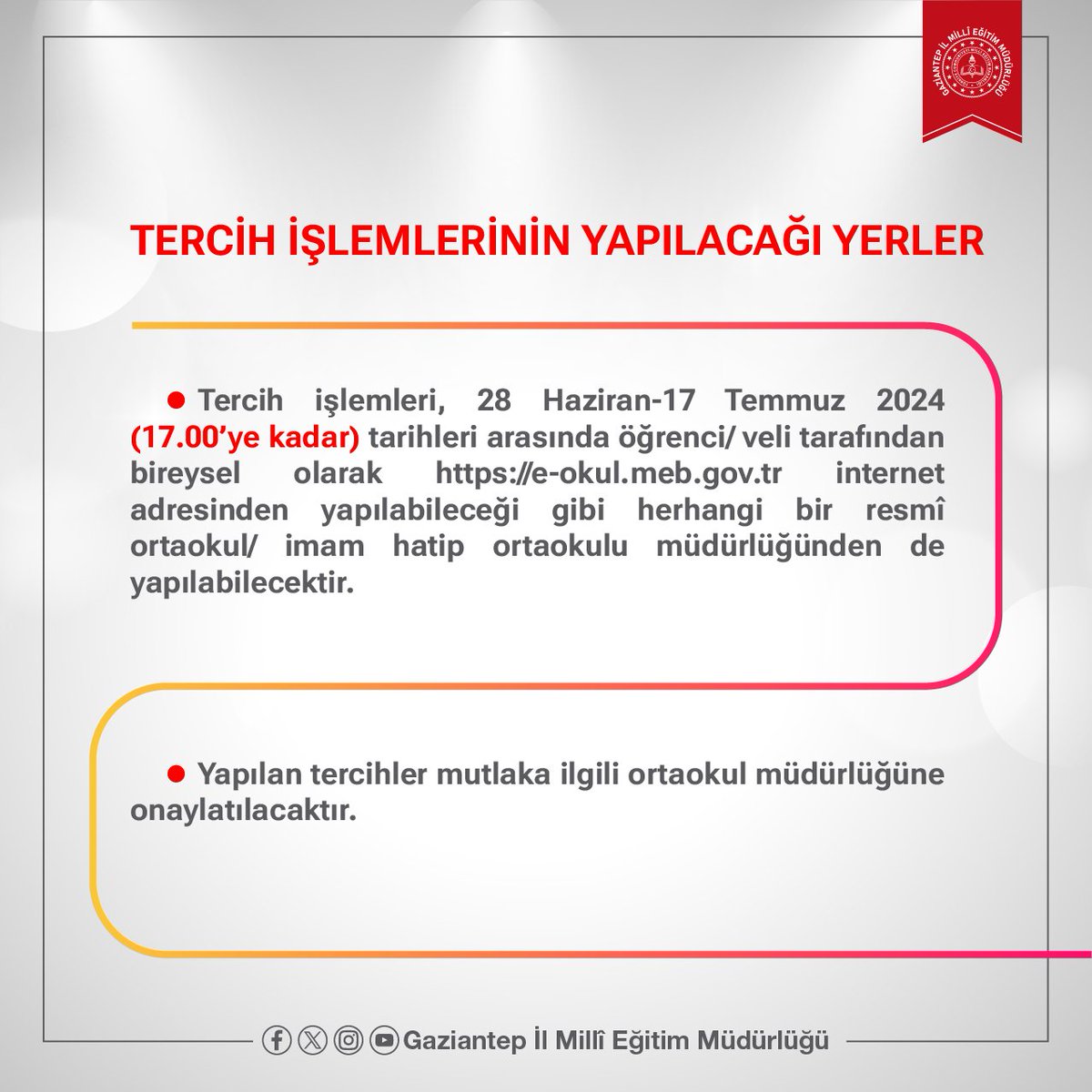 Gaziantep_MEM's tweet photo. Sevgili 𝐋𝐆𝐒 Öğrencileri,

Merkezî sınav sonuçları açıklandı, tercihler alınmaya başlandı.⏳

Sizler için derledik.✅

𝟐𝟎𝟐𝟒 𝐘𝐈𝐋𝐈 "Ortaöğretime Geçiş Tercih ve Yerleştirme Kılavuzu'nun tamamına "https://t.co/FJ7oSqAu28" internet adresinden ulaşabilirsiniz.🔍

@tcmeb @Yusuf__Tekin @kemalcebervali @yasintepe
