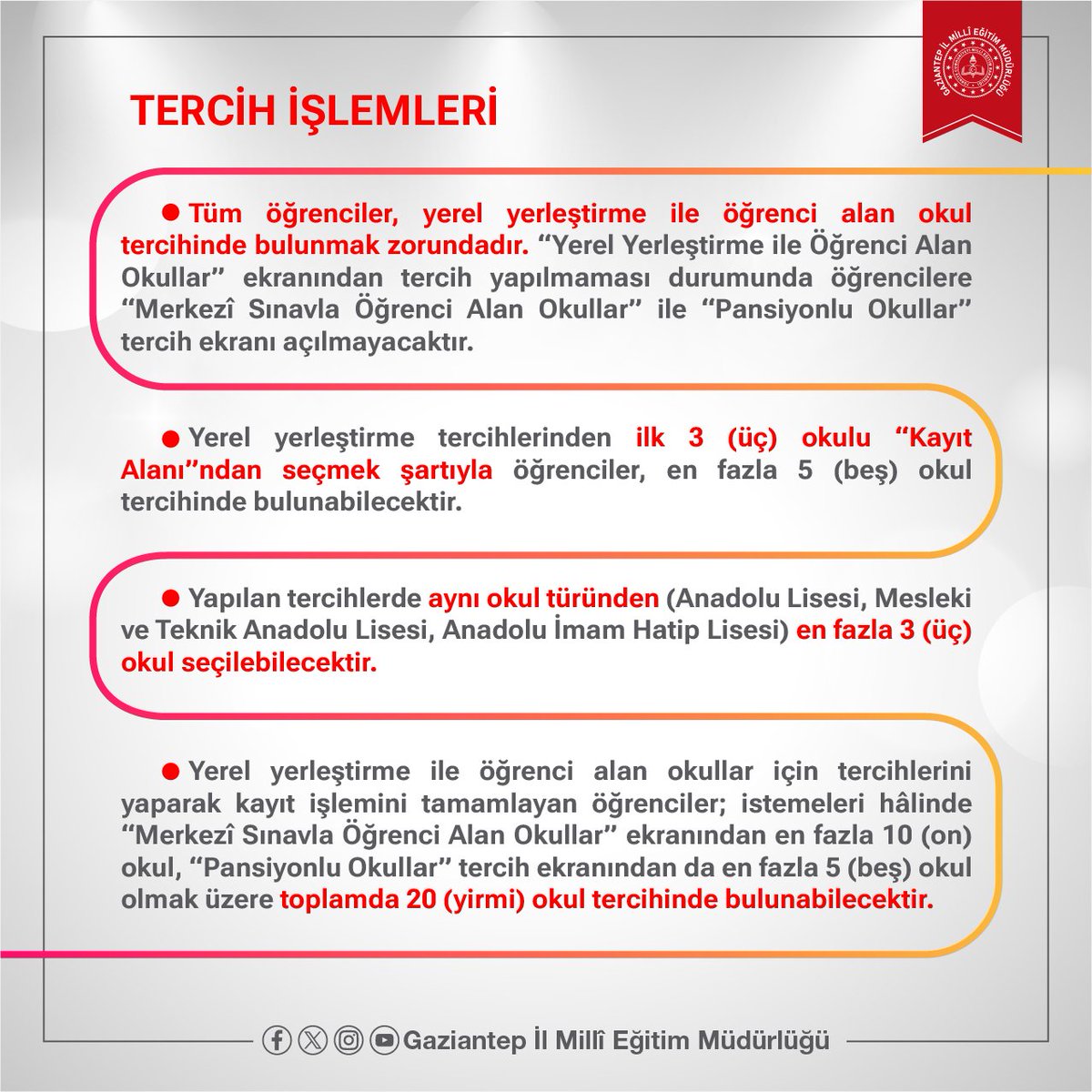 Gaziantep_MEM's tweet photo. Sevgili 𝐋𝐆𝐒 Öğrencileri,

Merkezî sınav sonuçları açıklandı, tercihler alınmaya başlandı.⏳

Sizler için derledik.✅

𝟐𝟎𝟐𝟒 𝐘𝐈𝐋𝐈 "Ortaöğretime Geçiş Tercih ve Yerleştirme Kılavuzu'nun tamamına "https://t.co/FJ7oSqAu28" internet adresinden ulaşabilirsiniz.🔍

@tcmeb @Yusuf__Tekin @kemalcebervali @yasintepe