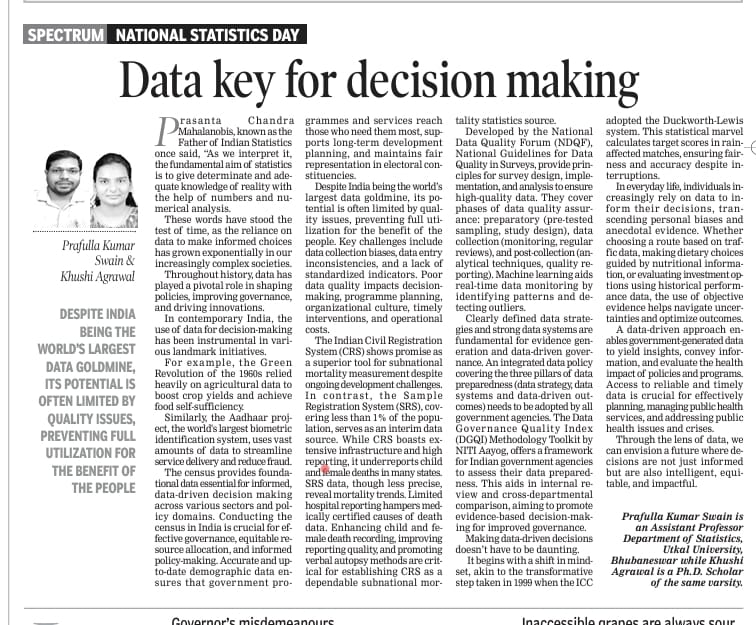 On the occasion of National Statistics Day our article appeared in the editorial page of Orissa Post. 
#Statistics #researchpaper #dataprotection #NationalStatisticsDay #mospi