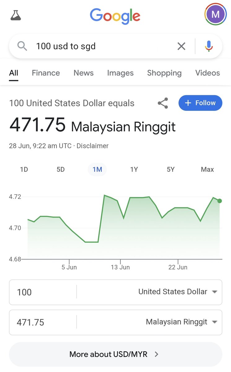 surayaror You can Google something like 100 USD to SGD, then in the  dropdown change the SGD to MYR. One useless extra step but better than  having a whole separate app