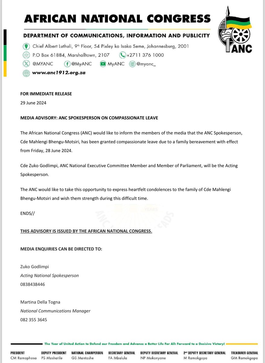 MYANC's tweet photo. The ANC would like to inform the members of the media that the ANC Spokesperson, Cde @BhenguMahlengi, has been granted compassionate leave due to a family bereavement with effect from Friday, 28 June 2024.

Cde @Zuko_Godlimpi, ANC National Executive Committee Member and Member of Parliament, will be the Acting Spokesperson.