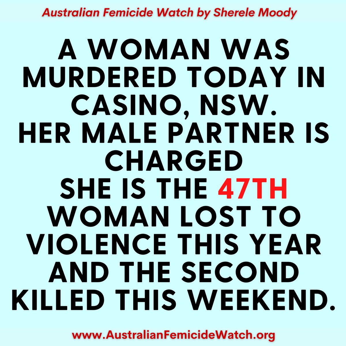 ShereleMoody's tweet image. Two women killed in one day. This is where we are at yet again this weekend.
NSW Police will investigate a one-hour delay in the police response following the murder of a woman in Casino, NSW. Her male partner has been charged. She is the 47th woman killed this year, the second…