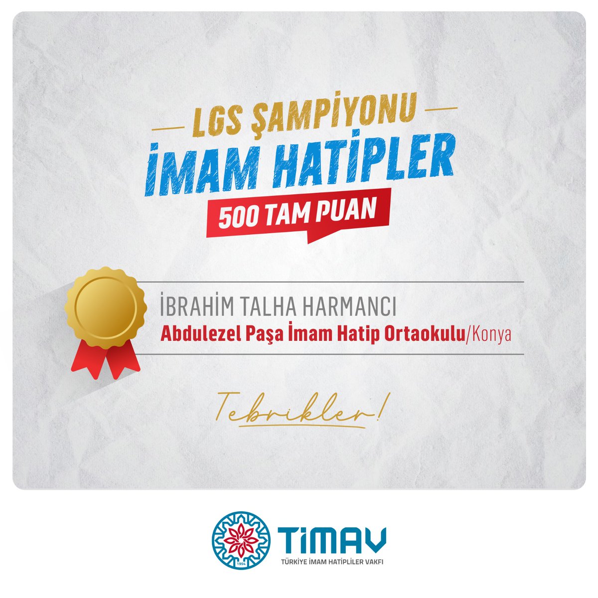 Abdülezel Paşa İHO öğrencilerimizden İbrahim Talha Harmancı, LGS'de 500 tam puan alarak gururumuz oldu.

Başta kıymetli öğrencimizi, ailesini, öğretmenlerini ve okul idaresini gönülden tebrik eder, başarılarının devamını dileriz.

#LGS2024
#TercihimİmamHatip