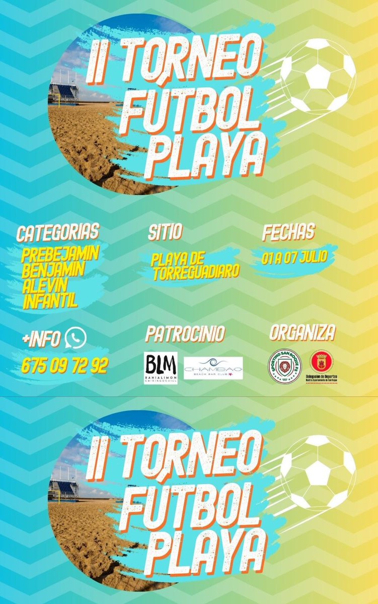 SGPLUSotogrande's tweet image. Realizado el sorteo de equipos en el II Torneo de Fútbol Playa “Alcalde Ciudad de San Roque”, que se disputará en la playa de Torreguadiaro del 2 al 7 de julio
#sgplusnoticias #sgplusdeportes @Ayto_SanRoque 

sgplus.es/realizado-el-s…