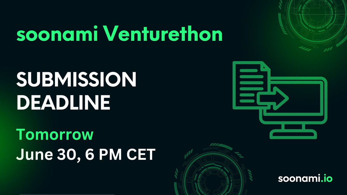 soonami_io's tweet image. 🔥Venturethon builders, mark your calendars for submission! 🔥

📅 The deadline is almost here - Tomorrow: June 30, at 6PM CET 

You&apos;ve been absolutely crushing it this week- shaping your Web3, AI, and Gaming ideas into #MVPs!