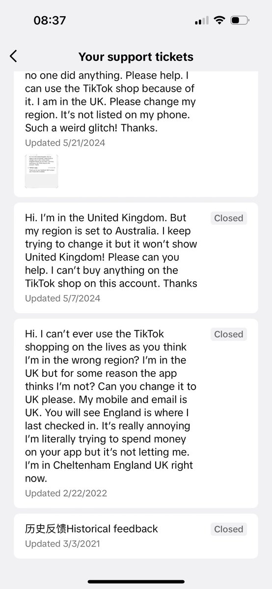 InThePurpleCoat's tweet photo. @TikTokSupport @TikTokComms @tiktok_uk I’ve been asking for help for months. You don’t reply to the support tickets. Just close them. MY COUNTRY THE UNITED KINGDOM IS NOT LISTED. I can’t use the shop or anything. It’s a mess. I am British. I haven’t lived in Australia for years! https://t.co/3Xp8otH8Ty