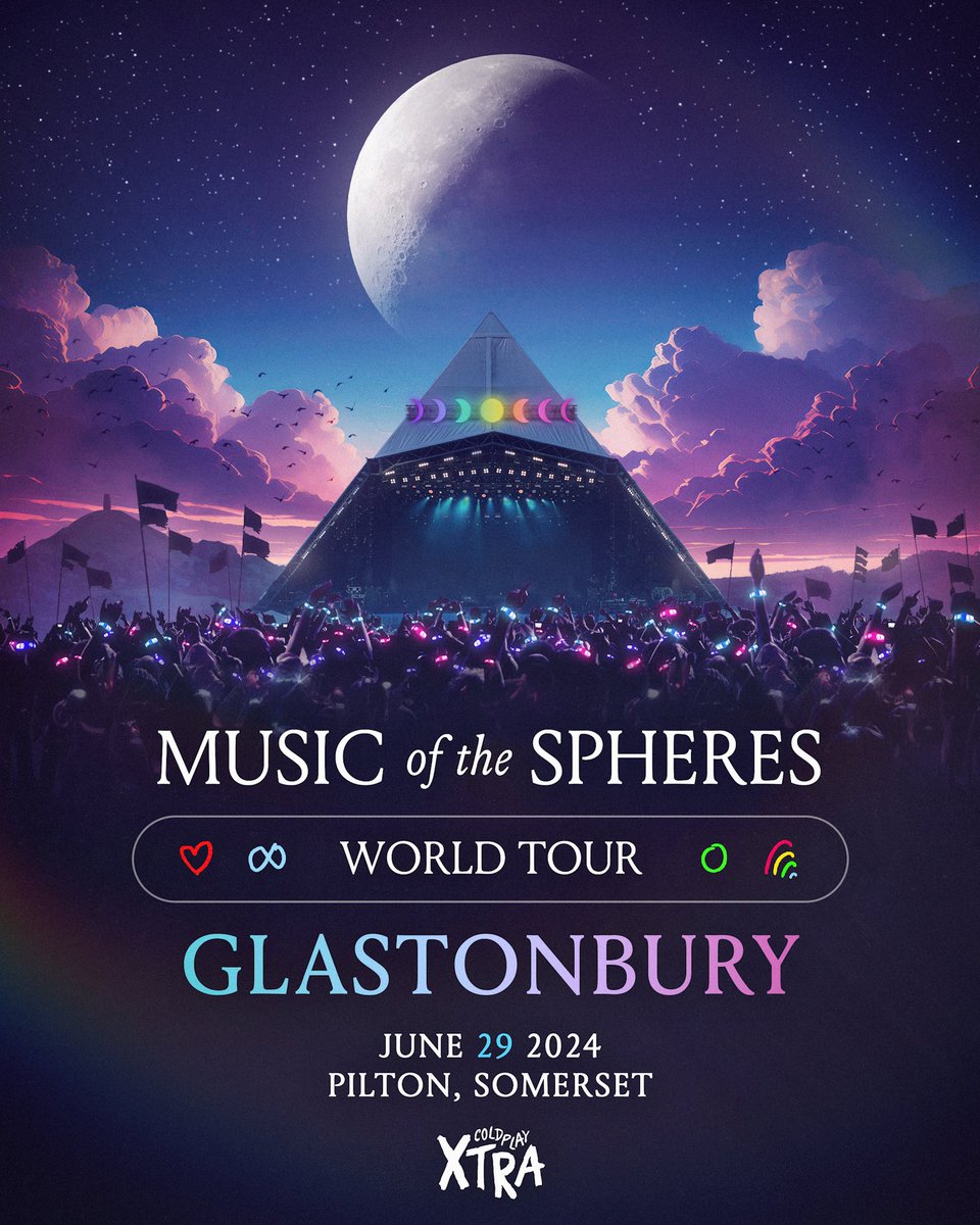 coldplayxtra's tweet photo. Today’s the big day! 🌙😎🎸🪩✨

Coldplay headline Glastonbury Festival for a record-breaking fifth time this evening. Watch live on https://t.co/NX4iLWyWpn from 9:45pm UK

🔺 #ColdplayGlastonbury https://t.co/aESMM2PNuG