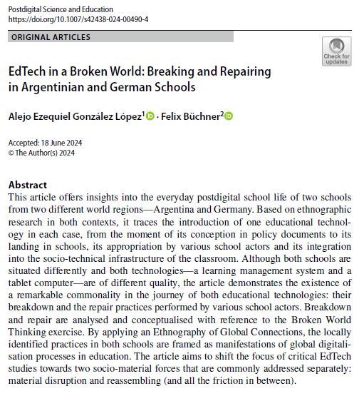 What started as a conversation with <a href="/alejitogll/">Alejo</a> at a seafood restaurant in Mexico City some time ago has now become a co-authored published article. It touches #EdTech, #repair, and #inequalities in #schools and is available in open access here: link.springer.com/article/10.100…