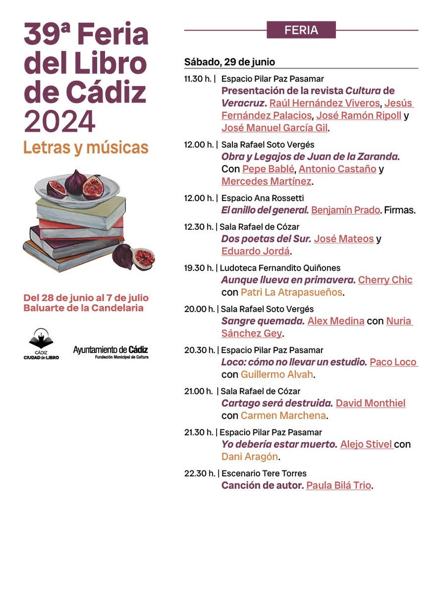 FLCadiz's tweet photo. Hoy sábado, en la programación de la 39 Feria del Libro de Cádiz: https://t.co/1VaaZbpXi1