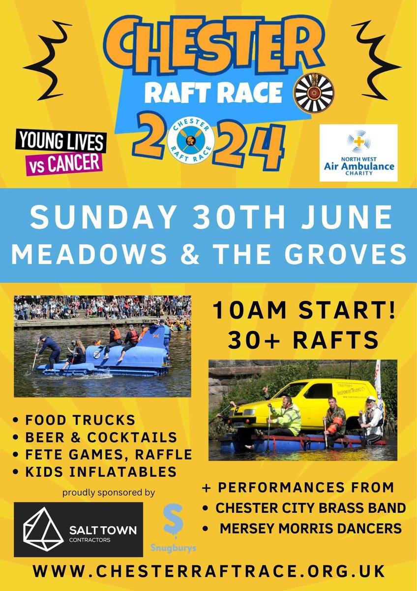 Chester Heritage Festival (@chesterherifest) on Twitter photo Don’t miss Chester Raft Race tomorrow!
Race starts 10am, entertainment from 12:30pm, raffle draw & awards 2:30pm! 🚣🚣‍♀️🚣‍♂️
<a href="/ShitChester/">12 years of Shitchester</a> <a href="/chestertweetsuk/">#chestertweets</a> <a href="/ChesterRaftRace/">Chester Raft Race</a> <a href="/VisitChester_/">Visit Chester</a> Don’t miss Chester Raft Race tomorrow!
Race starts 10am, entertainment from 12:30pm, raffle draw & awards 2:30pm! 🚣🚣‍♀️🚣‍♂️
<a href="/ShitChester/">12 years of Shitchester</a> <a href="/chestertweetsuk/">#chestertweets</a> <a href="/ChesterRaftRace/">Chester Raft Race</a> <a href="/VisitChester_/">Visit Chester</a>