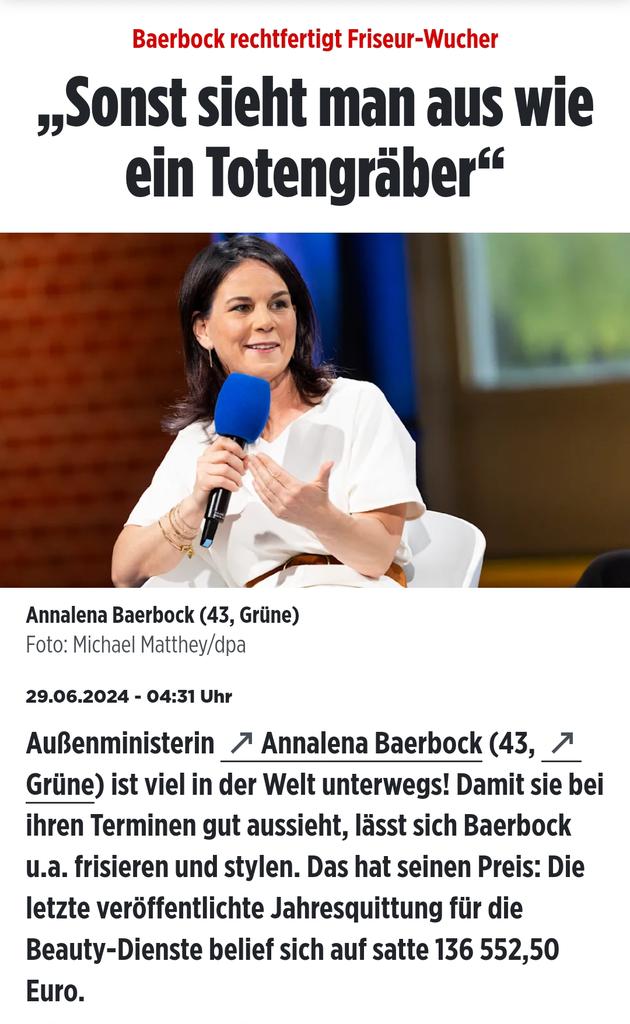 Hallo liebe Frauen. Wer sich nicht für 140.000€ im Jahr stylen lässt, sieht laut Frau Baerbock wie ein Totengräber aus. Was eine Arrogante, dumme Person. Sie lachen euch aus. Sie verhöhnt euch