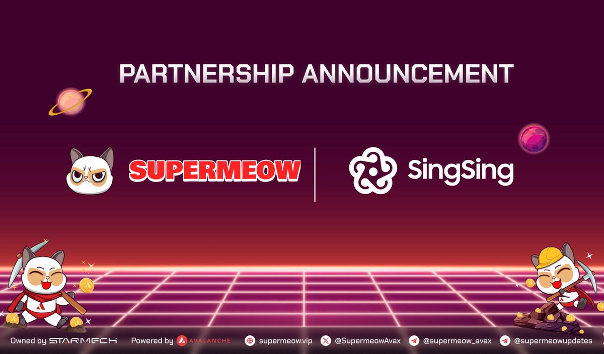 Supermeow_Avax's tweet photo. 🎉 PARTNERSHIP ANNOUNCEMENT 🎉

🚀 We are thrilled to announce an exciting partnership between Supermeow and @singsingglobal!

SingSing is an innovative socialFi platform that combines singing, social games and trading contest. Users can trade crypto assets in unique socialised and group-based manner

#Super #supermeow #singsingglobal #StarMech