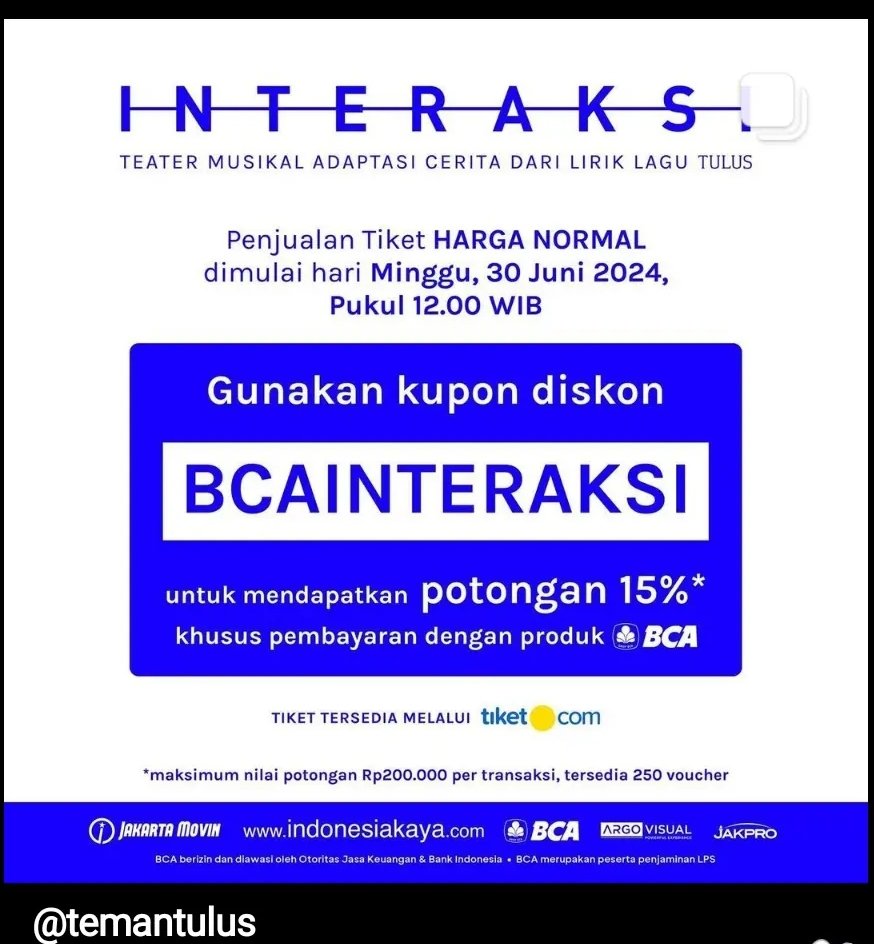 cheesuhstuff's tweet photo. hii since kemarin banyak yg tanya, kita masih open ini bisa dicoba pake kupon diskon BCA yaa!

JASA WAR TIKET - INTERAKSI Teater Musikal Adaptasi Cerita dari Lirik Lagu TULUS

secured jastipan presale kemarin di menit awal dan seat yg diinginkan👀✨

t. wts jaswar jastip https://t.co/ox3jInfmG5