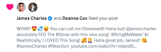 MadamRoastBeef's tweet photo. I KNOW! That I'm a bOttom of the Barrel B!tch! 😅(I'm a top🤣) But! @jamescharles liking my post for my Reaction to his New Song #BringMeWater has absolutely made me a DEHYDRATED B!tch! 😝😂 I LOVED The Song, James!! & I can't wait for what you do neXt! 😍 https://t.co/iJfRMiL5cX https://t.co/itmisLKabC