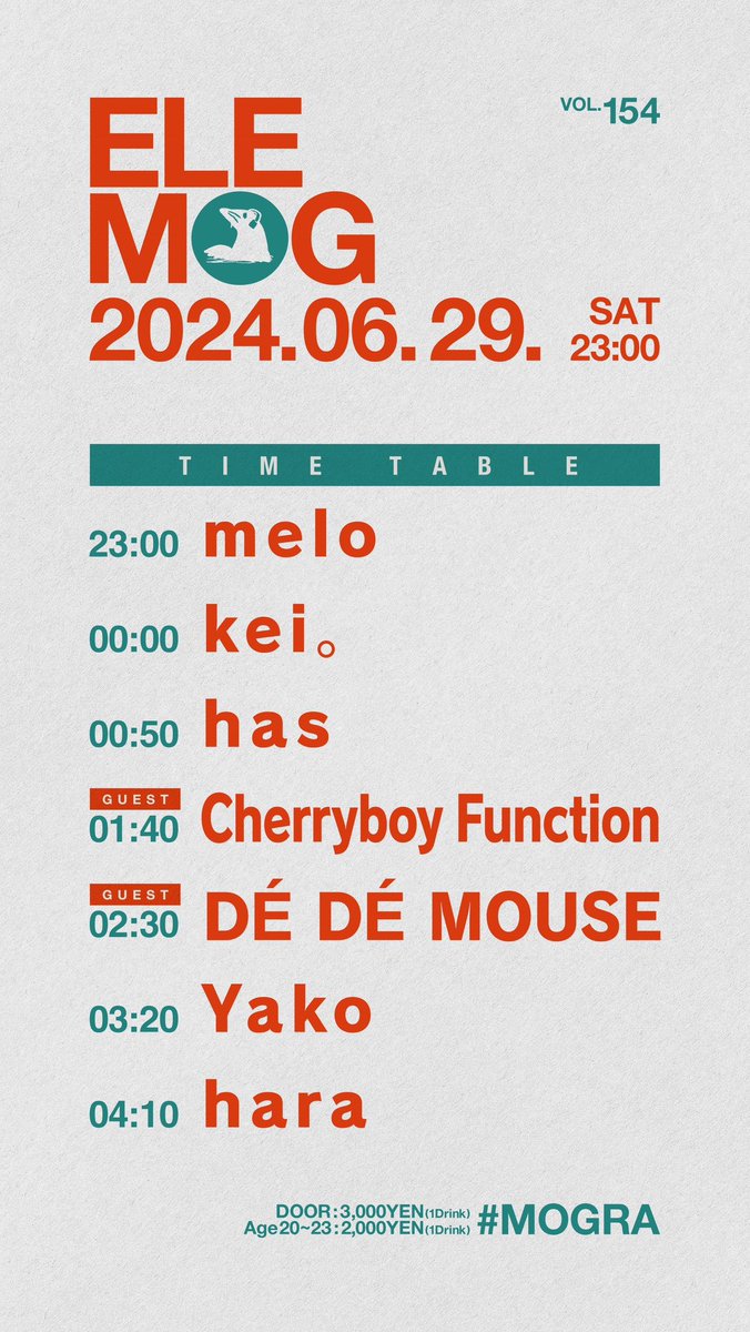 本日23時からエレモグよろしくお願いします⚡️
ゲストはコラボ曲Sunset Loverリリース直後のDE DE MOUSEさんとCHERRYBOY FUNCTIONさんです！

2024.06.29(Sat)23:00- elemog vol.154
チケット：t.livepocket.jp/e/elemog_vol154

とても楽しみですね！！よろしくお願いしますー！

#mogra #elemog