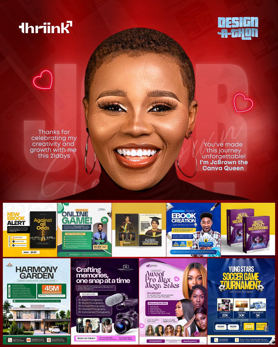 Joycalebbrown's tweet image. 21 DAYS DESIGN-A-THON CHALLENGE DONE AND DUSTED 🤗🤗

Thanks guys for celebrating my creativity and growth with me.
You&apos;ve made this journey unforgettable!

I love you all 💞 

I&apos;m JcBrown the Canva Queen👑
1M Steeze acquired, nothing fit shake am😀 
.
#jcbrown #canvadesigner