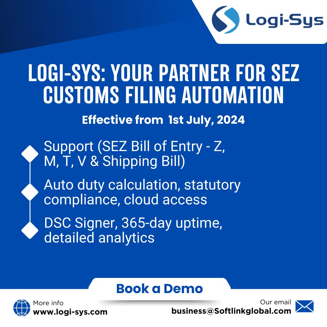 logisyserp's tweet image. Effective July 1, 2024, the Govt. of India mandates all non-IT/ITES SEZs and FTWZs to file import and export documents via the new #ICEGATE portal, streamlining #customs processes and enhancing logistics efficiency

Logi-Sys is Already Compliant With This Update 
#Logistics #SEZ