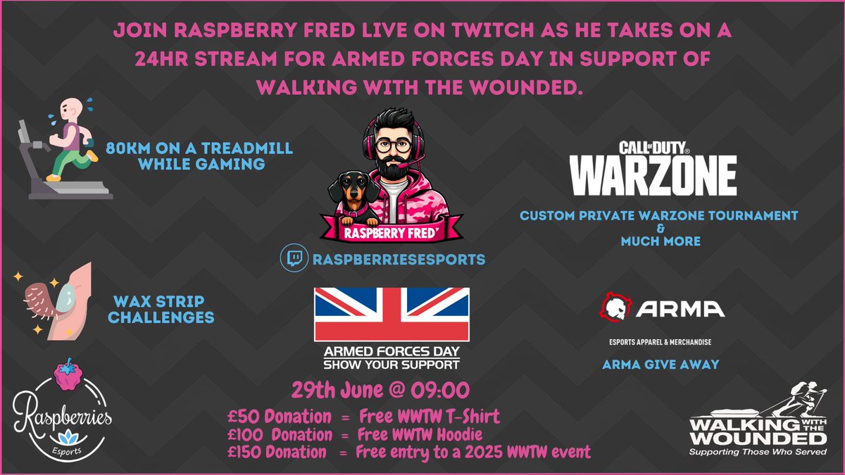 RaspEsports's tweet photo. @davidsonsps and the team are live now for this years Armed Forces Day 24hr charity stream!

Come show your support in stream, get involved with some community games and help raise money for this great cause!

https://t.co/uFxgb5OlLm https://t.co/HVdoTTWayH
