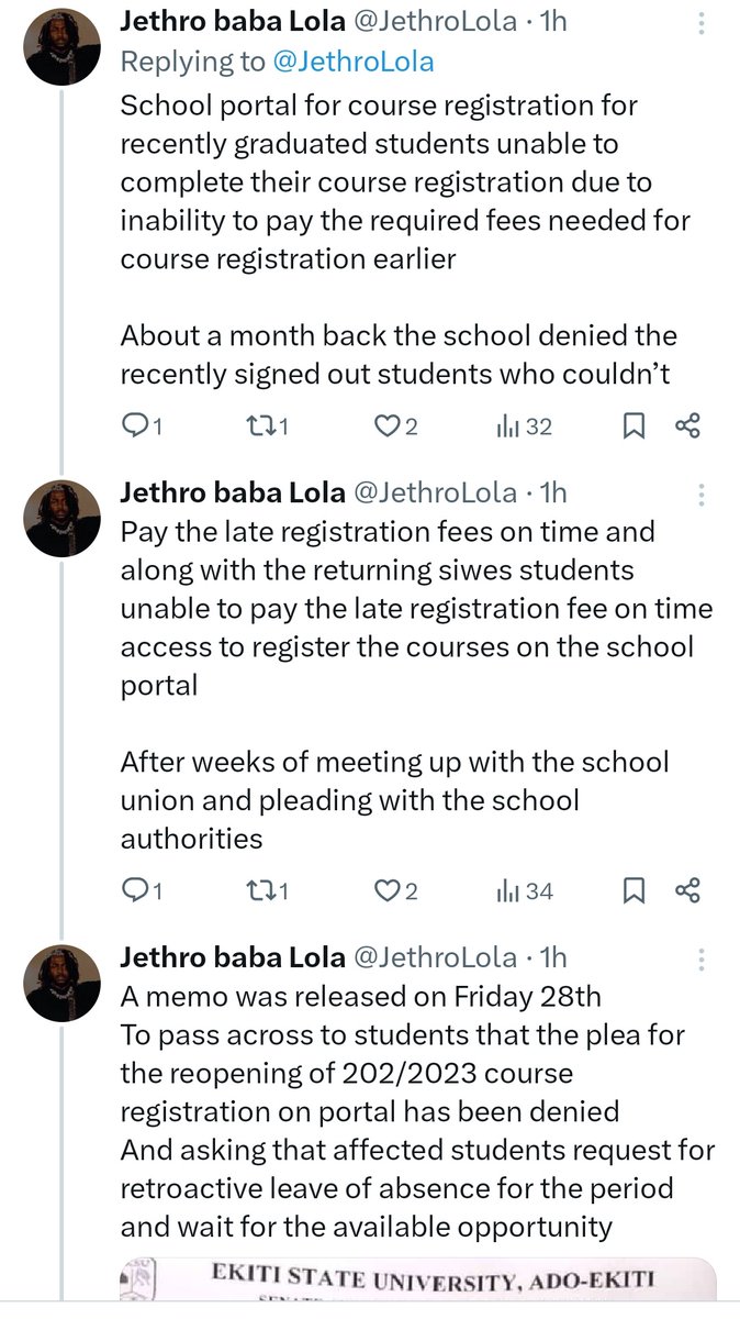 ekititrends's tweet photo. Eksu student writes an open letter to Gov @biodunaoyebanji  
Pleading with Gov @biodunaoyebanji to intervene over the decision of EKSU senate not to reopen school portal for registration https://t.co/ljOskvfIkq