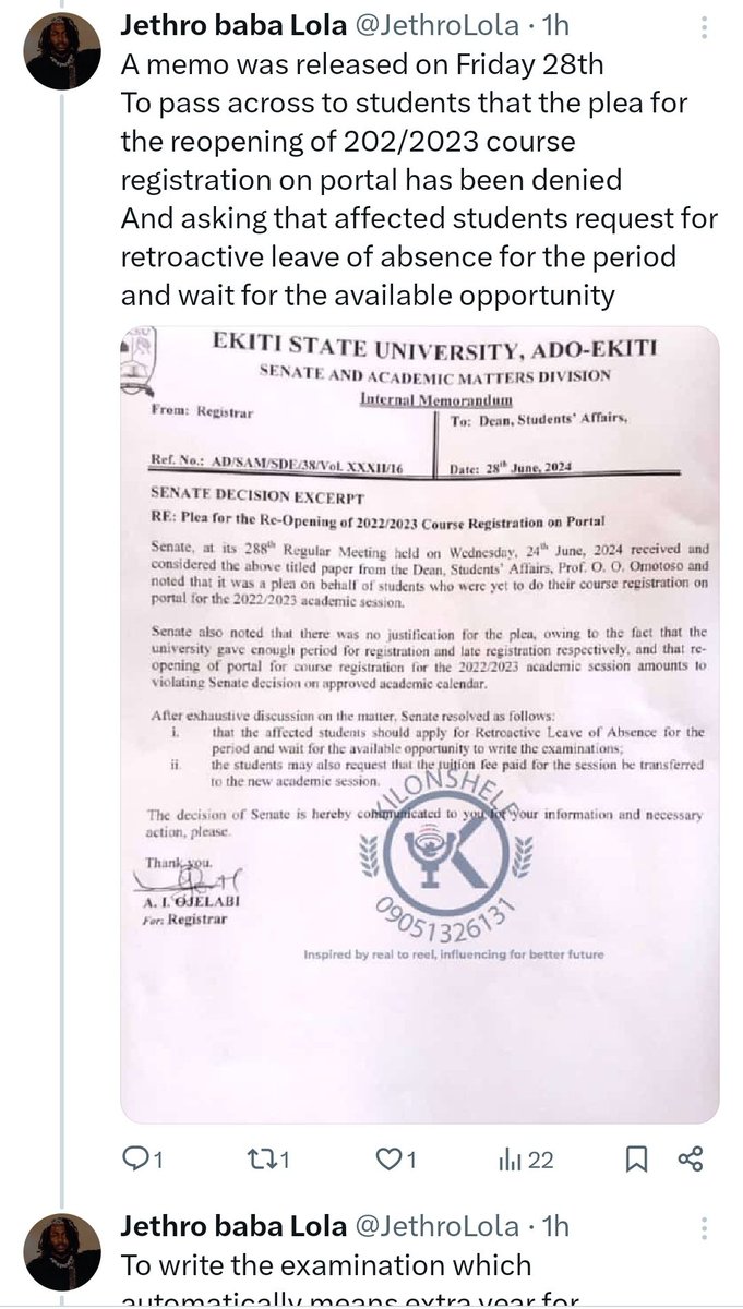 ekititrends's tweet photo. Eksu student writes an open letter to Gov @biodunaoyebanji  
Pleading with Gov @biodunaoyebanji to intervene over the decision of EKSU senate not to reopen school portal for registration https://t.co/ljOskvfIkq