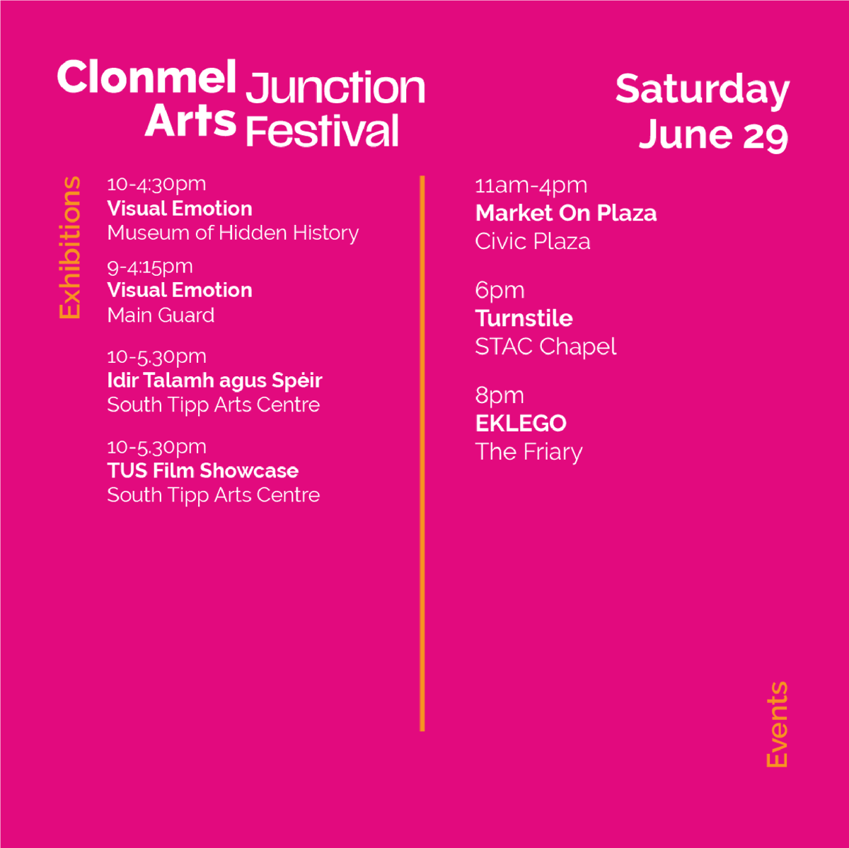 clonmeljunction's tweet photo. Its the 2nd day of #CJAF 🙌
Join us for our Market on the Plaza running from 11 - 4pm.
At 6pm we have the 1st of our dance performances from Tipperary Dance with 'Turnstile✨
And finally Mel Mercier's much anticipated concert 'EKLEGO' takes place at 8pm📌Friary Church. https://t.co/g9K0YBvBed