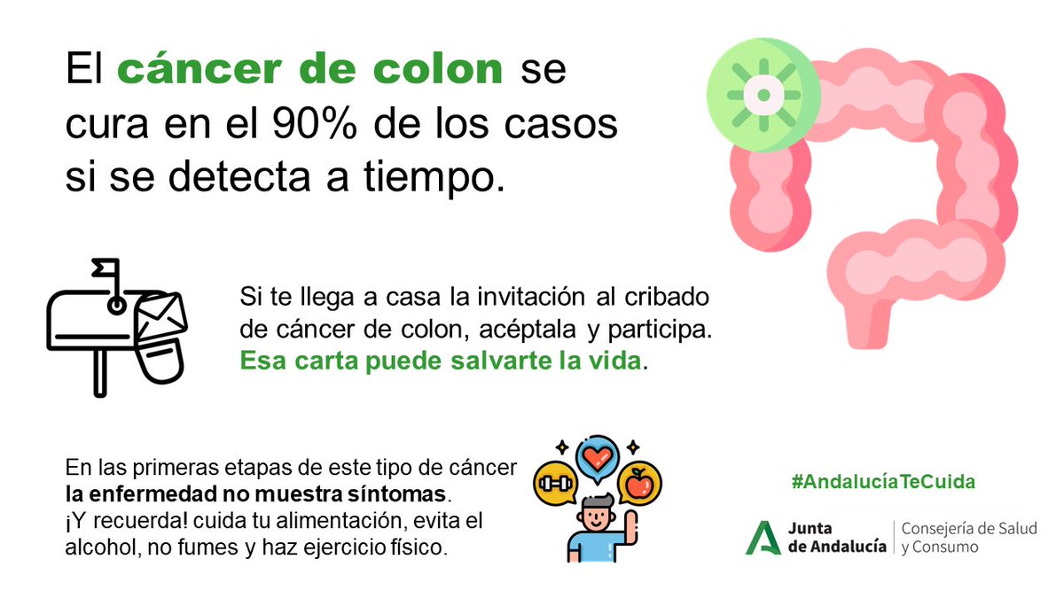 El #CáncerDeColon se cura en el 90% de los casos si se detecta a tiempo.

📬 Si te llega a casa la invitación al cribado de cáncer de colon, acéptala y participa. Puede salvarte la vida.

➡️ Infórmate sobre el cáncer de colon y cómo puedes prevenirlo: opgob.es/14tll ✅