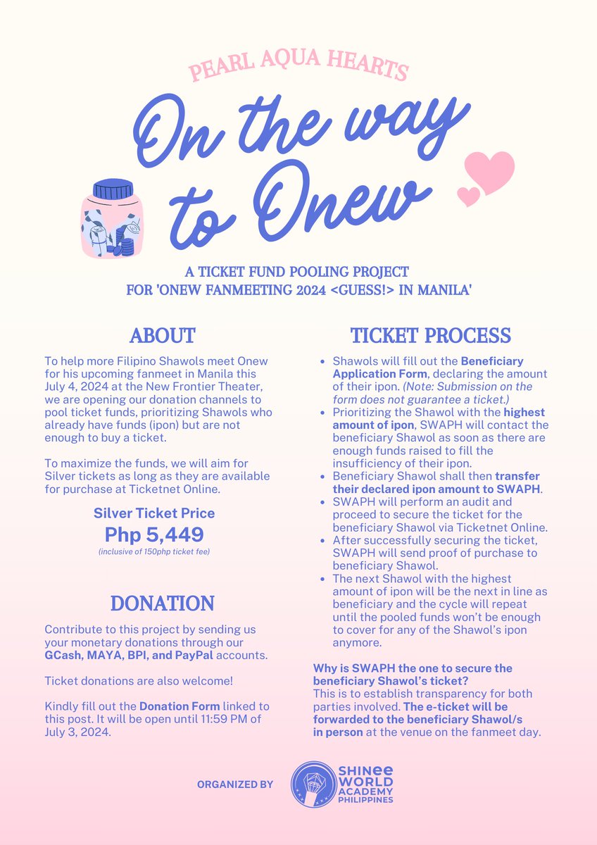 shawolacademyph's tweet photo. PEARL AQUA HEARTS: On The Way To Onew
#ONEW_GUESS in Manila Ticket Fund Pooling for Filipino Shawols

Let's help more Shawols meet #ONEW this July 4! 🩵

Donate here: https://t.co/EwoB81J0YX
Apply as beneficiary: https://t.co/Ebq9vtBGQc
Transparency: https://t.co/cfbrJp7T5X https://t.co/3EKaa4f01U
