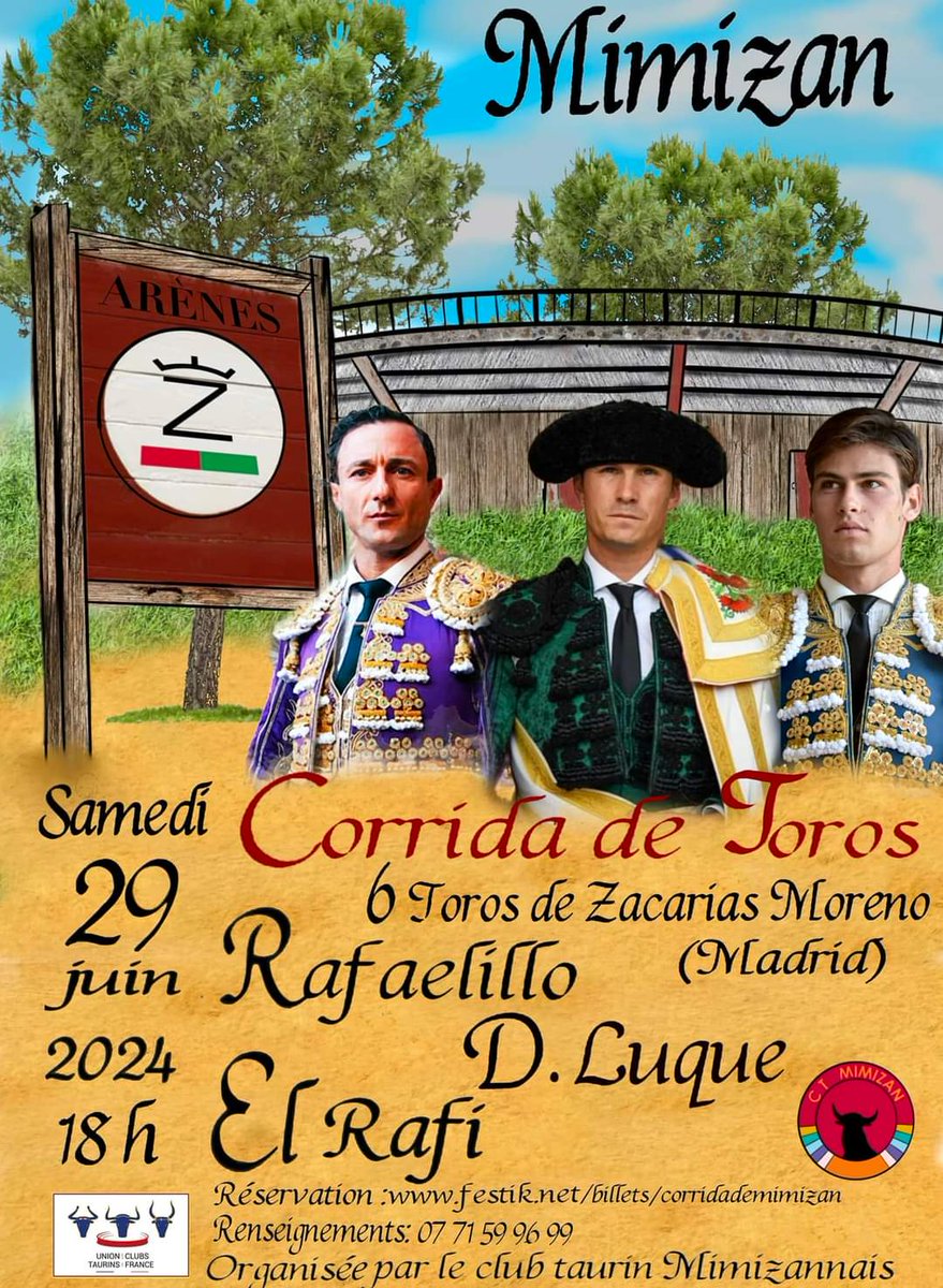 Mimizan FRA con Toros de Zacarías Moreno para <a href="/RRRafaelillo/">Rafaelillo</a>, <a href="/InfoDanielLuque/">Daniel Luque</a> y El <a href="/RafiRaucoule/">Rafi Raucoule "El Rafi"</a>
<a href="/portaltaurino/">Portal Taurino</a>