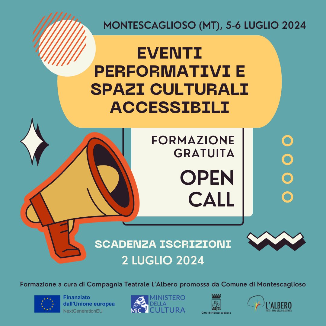 📣 OPEN CALL 📣
FORMAZIONE GRATUITA
Il Comune di #Montescaglioso e #LAlbero organizzano un evento formativo gratuito per tecnici e operatori culturali su accessibilità e fruizione inclusiva di eventi e luoghi di cultura. Iscrizioni entro il 2 luglio.
👉 bit.ly/EPScult
