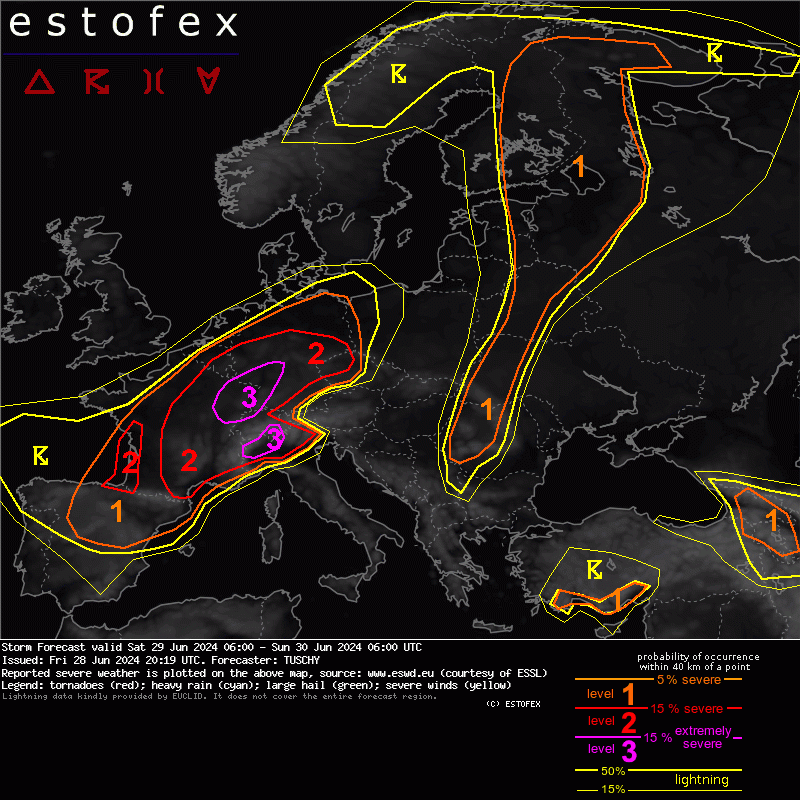Reminder about likely severe weather outbreak across parts of Europe! Southern Lvl 3 (NW Italy) will feature especially destructive hail, while the Northern Lvl 3 (France to Germany) will feature a transition to damaging wind gusts. Read more at estofex.org