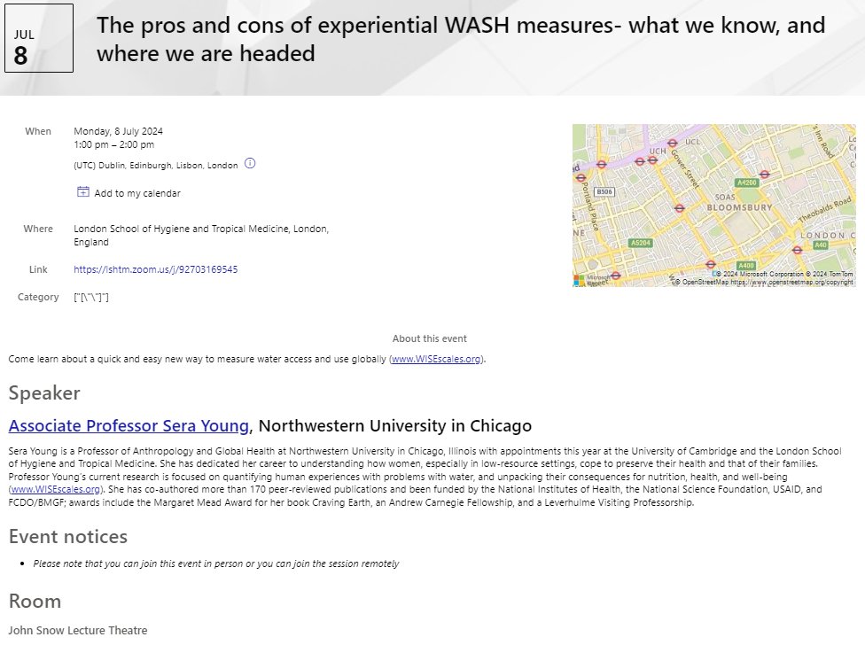 My final <a href="/LeverhulmeTrust/">The Leverhulme Trust</a> lecture! "The pros &amp; cons of experiential #WASH measures: what we know &amp; where we are headed". Put on by <a href="/LSHTM_EHG/">Environmental Health Group, LSHTM</a> &amp; <a href="/LSHTM_Nutrition/">LSHTM Nutrition Group</a>  on July 8, 1 PM London time, in the John Snow Theater at <a href="/LSHTM/">London School of Hygiene & Tropical Medicine</a>. #WISE_scales