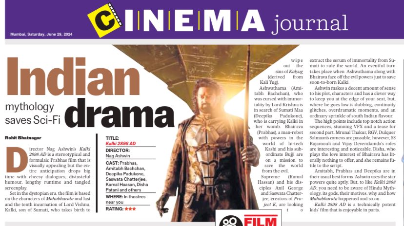 Rohit Bhatnagar (@justscorpion) on Twitter photo Review out on stands today <a href="/fpjindia/">Free Press Journal</a> 🍿
#Kalki #Kalki2898AD <a href="/PrabhasRaju/">Prabhas FC</a> <a href="/ikamalhaasan/">Kamal Haasan</a> <a href="/deepikapadukone/">Deepika Padukone</a> <a href="/SrBachchan/">Amitabh Bachchan</a> #Kalki2898ADReview Review out on stands today <a href="/fpjindia/">Free Press Journal</a> 🍿
#Kalki #Kalki2898AD <a href="/PrabhasRaju/">Prabhas FC</a> <a href="/ikamalhaasan/">Kamal Haasan</a> <a href="/deepikapadukone/">Deepika Padukone</a> <a href="/SrBachchan/">Amitabh Bachchan</a> #Kalki2898ADReview