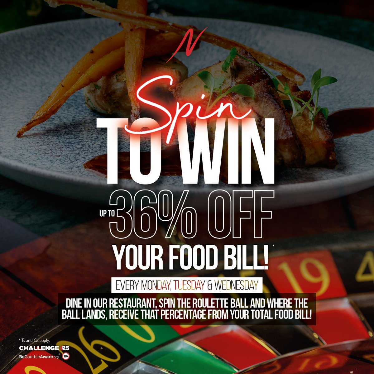 SPIN TO WIN IS BACK  😍 👌🏼 

We're giving you the chance to spin the roulette wheel - wherever the ball lands, you'll get that percentage off your total food bill! 

📆 From 1st July: Every Monday, Tuesday, &amp; Wednesday