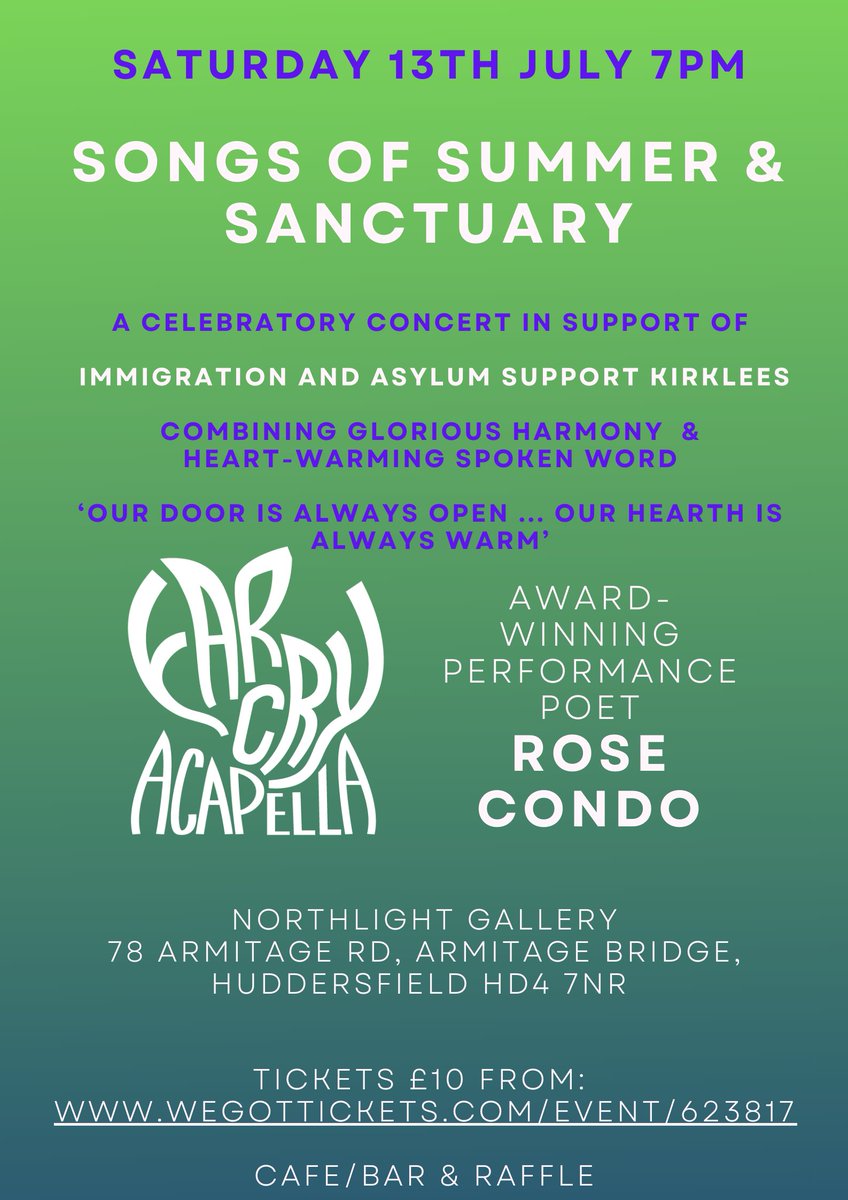 Join Songs of Summer &amp; Sanctuary and IASK for a spoken word fundraiser featuring award-winning poet Rose Condo!  
Sat, July 13 | 7 PM | Northlight Gallery, Huddersfield  
Get tickets: wegottickets.com/event/623817

#SpokenWord #KirkleesEvents #RefugeesWelcome