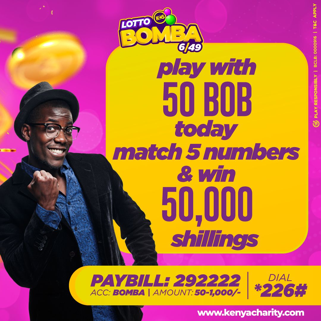 DOSIKA SATO NA LOTTO BOMBA! 
Up to 25 MILLION tonight at 9PM on the Daily BOMBA draw! MPESA 100 PAYBILL 292222 ACC: BOMBA. Win X25,000 your stake. Play now!
#DareToBeAMillionaire #BeAWinner  #WeMakeWinnersEveryday #Weekend