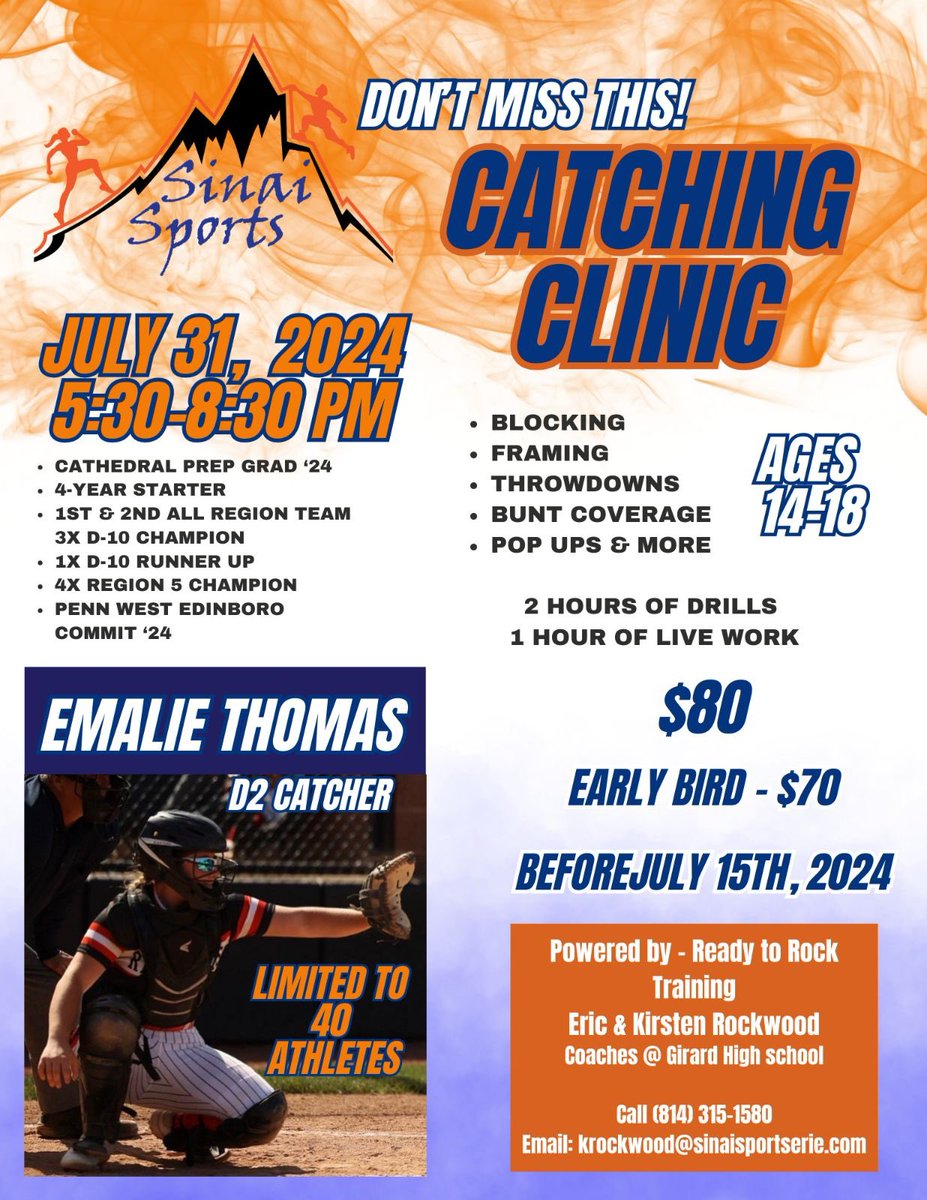 🥎softball catchers🥎 
i am happy to announce that i have the chance to work with catchers to step up their game behind the plate! i will be partnering with kirsten and eric rockwood! 2 hours of drills and 1 hour of live work! sign up before july 15th, 2024 to save $10!