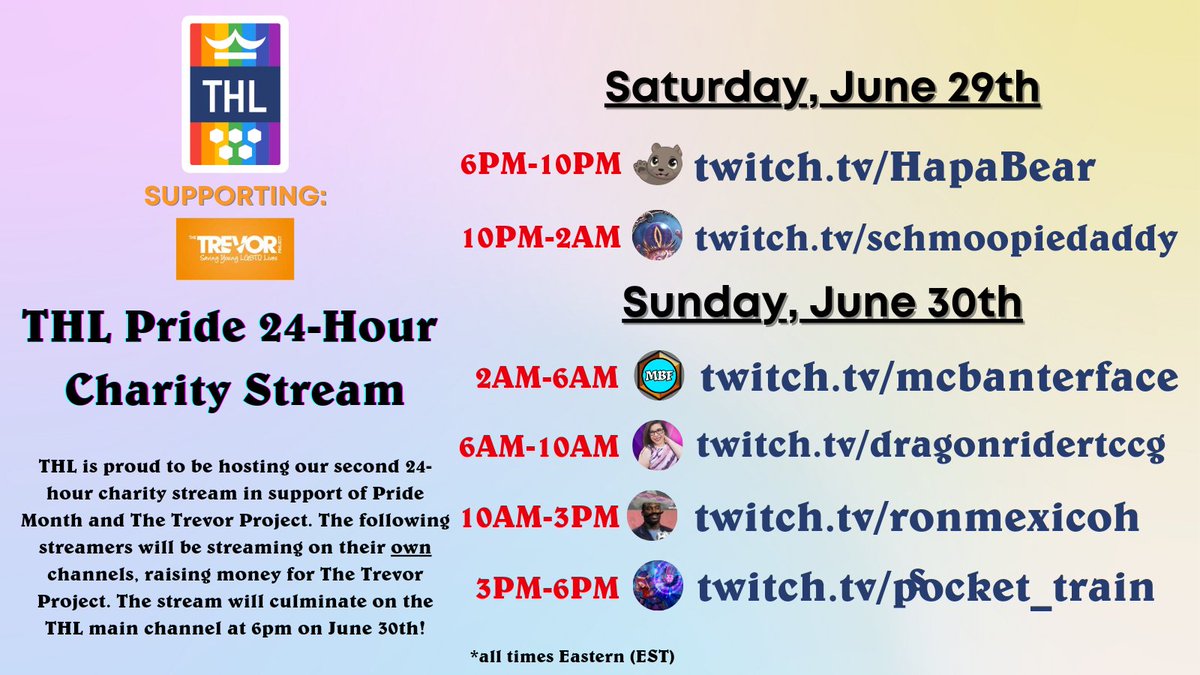 Reminder that the THL 24hr Pride stream starts tonight at 6pm!