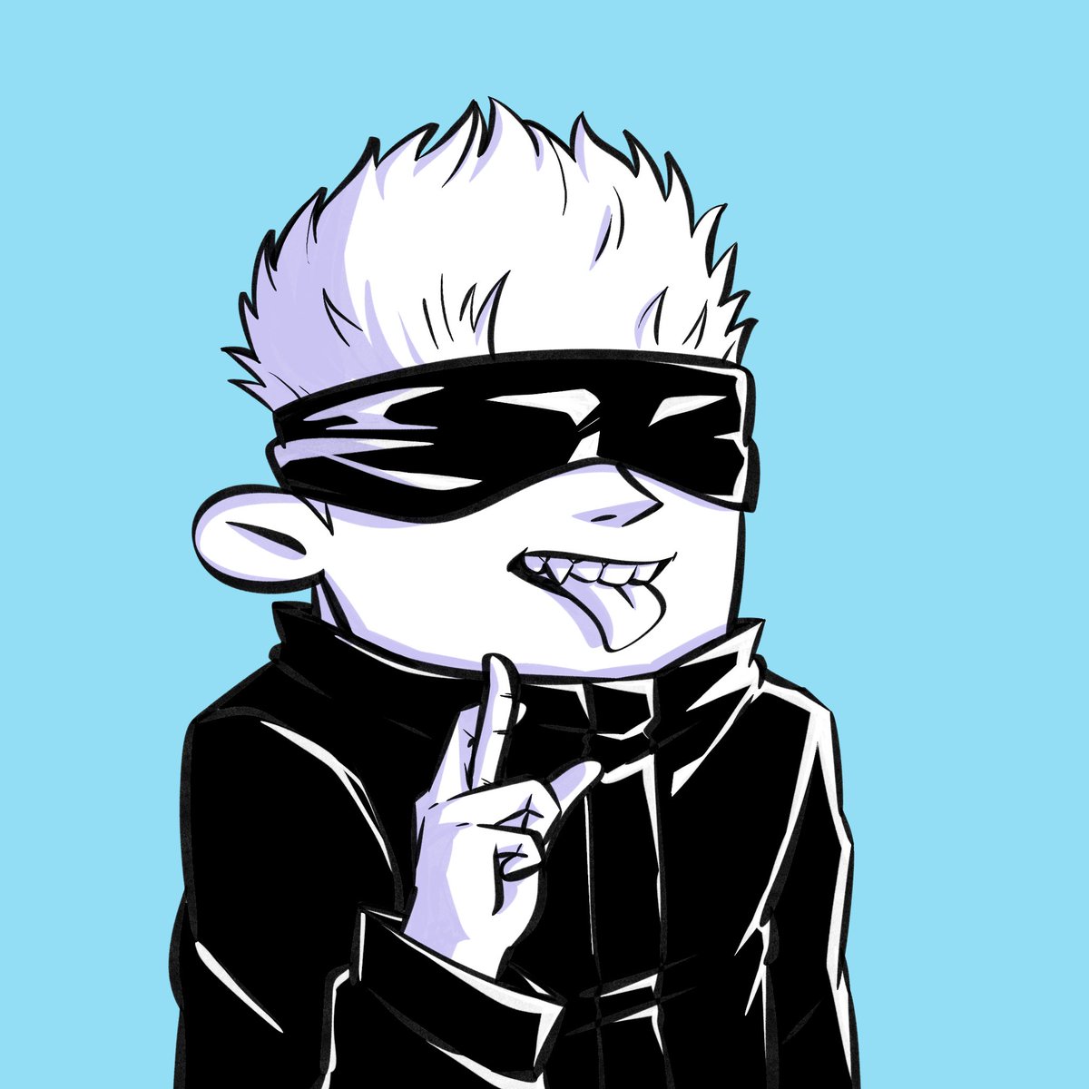 Unveiling Alfa Frens #35
'Satoru Bozo'
Owned by- @olim_sol 

Art Concept Breakdown-
- Gojo's second cousin who fills in for Gojo as a body double for events,
- To put it mildly he is a crack whore,
- Once tried to use a Sukuna finger as a buttplug.