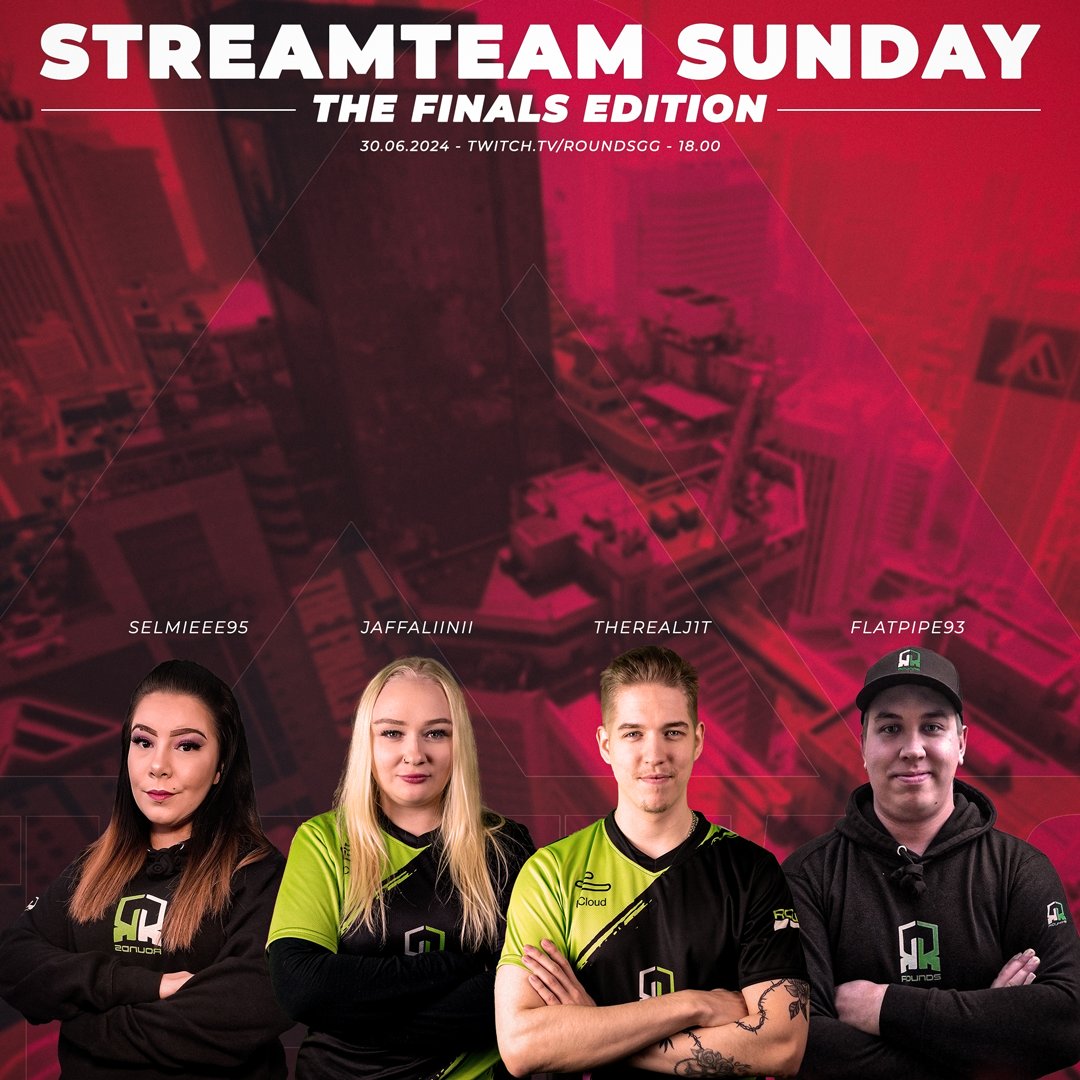 Streamteam Sunday on täällä taas!

Tällä kertaa pelinä The Finals! 🔥

🗓️ 30.06
🕕 18:00 ->
📺 twitch/roundsgg

Teitä viihdyttämässä:
@Lempimikko , @Jaffaliini , <a href="/Selmieee/">Selma-Sofia</a> &amp; <a href="/JoonasToivanen2/">Official J 1 T</a> 

Nähdään lähetyksessä💚