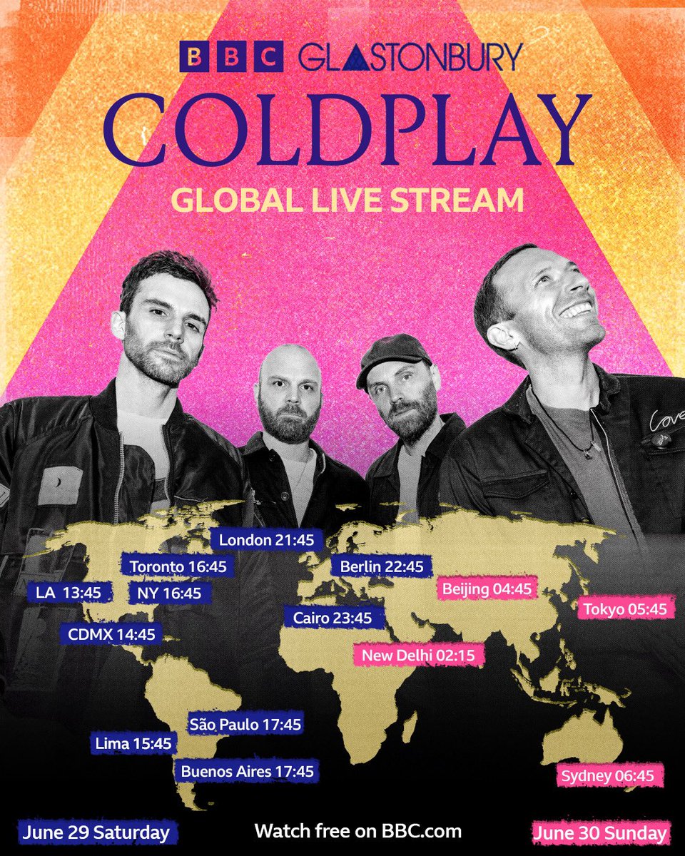 coldplay's tweet image. TODAY - SATURDAY 29 JUNE

FREE GLOBAL LIVESTREAM OF COLDPLAY’S @GLASTONBURY PERFORMANCE 

bbc.com/pages/glastonb…

21.45 UK / 16.45 ET / 22.45 CET