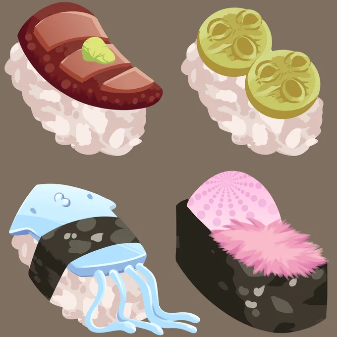 [#GBArt / #GoldenBash2024] Drew the Monster Sushi, Slime Sorbet, and XV-Alarm Sandwich for the cookbook! Happy birthday, Gibby! 