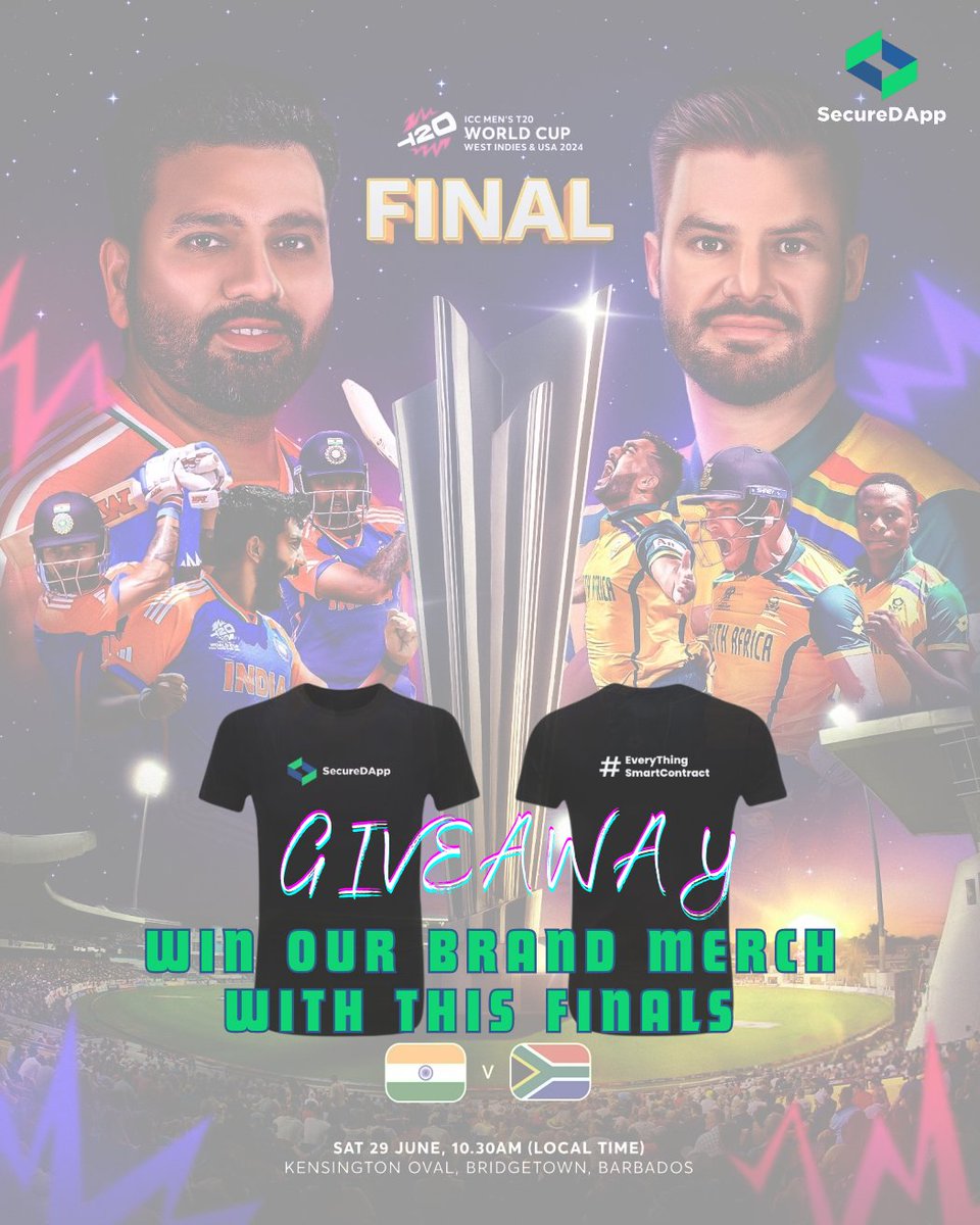 🏆 Giveaway Alert 🏏

Guess who will win today's ICC T20 final: India or South Africa?🏆

To enter:
1️⃣Follow, Like, and Retweet this post
2️⃣Predict the winner and tag a friend in the comments
3️⃣Join our Telegram group (optional)
t.me/securedappcomm…

Win exclusive SecureDApp