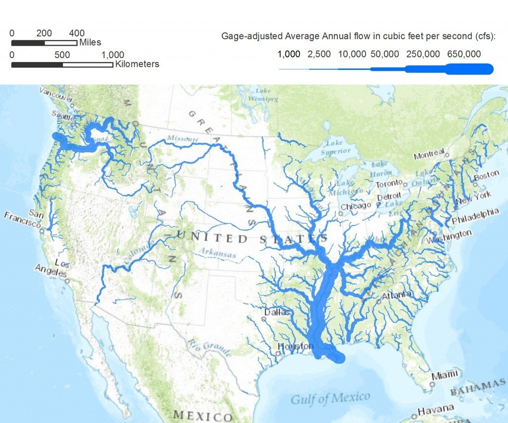 Rivers in the continental United States drawn in proportion to flow rate