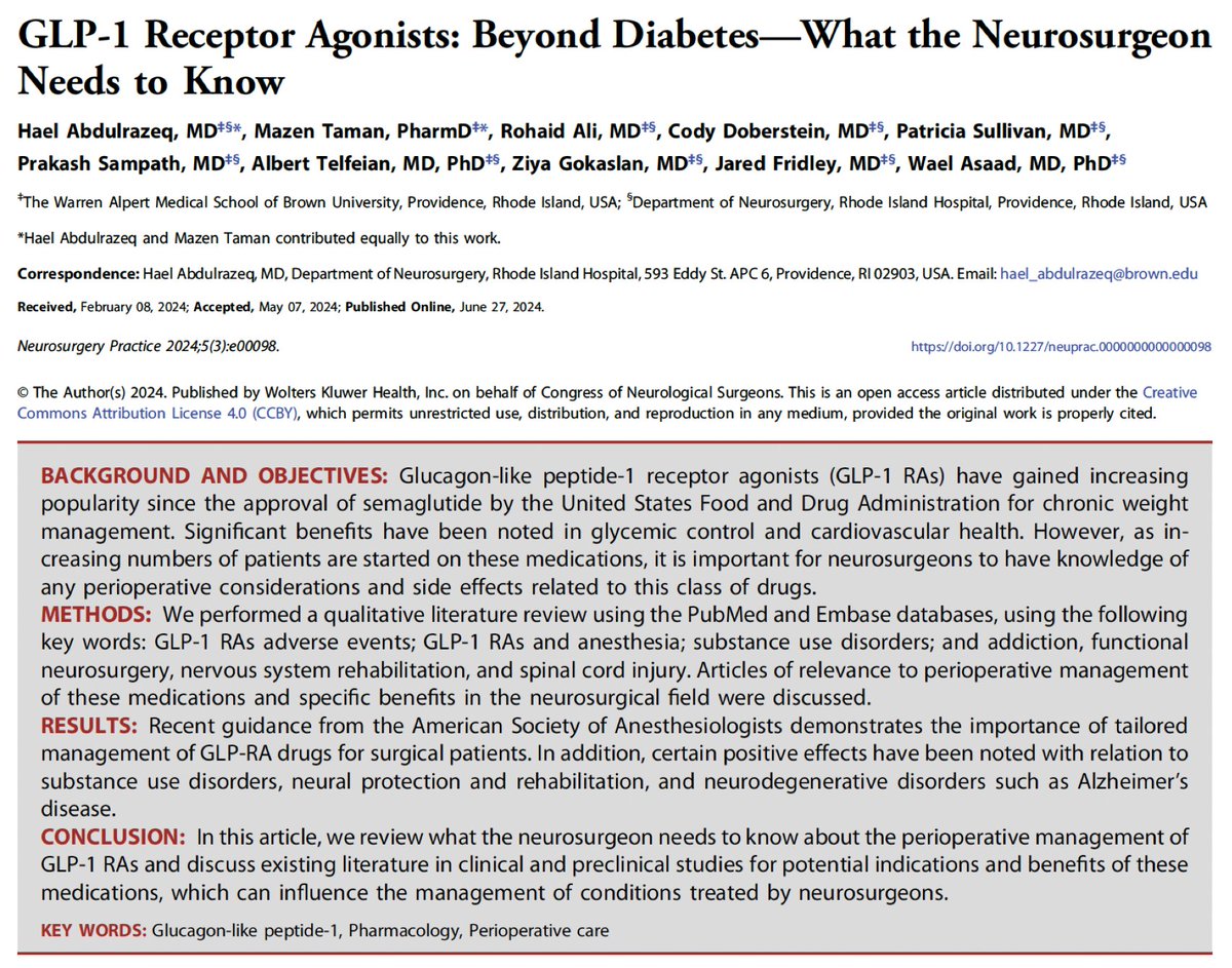 Hael Abdulrazeq, MD (@abdulrazeqhael) on Twitter photo While the benefits of GLP-1 receptor agonists in diabetes and weight management are well known, there may be possible indications for their use in neurological disorders. Check out our latest article in Neurosurgery Practice for more. journals.lww.com/neurosurgpraco⦠<a href="/NeurosurgeryCNS/">Neurosurgery Publications</a> While the benefits of GLP-1 receptor agonists in diabetes and weight management are well known, there may be possible indications for their use in neurological disorders. Check out our latest article in Neurosurgery Practice for more. journals.lww.com/neurosurgpraco⦠<a href="/NeurosurgeryCNS/">Neurosurgery Publications</a>